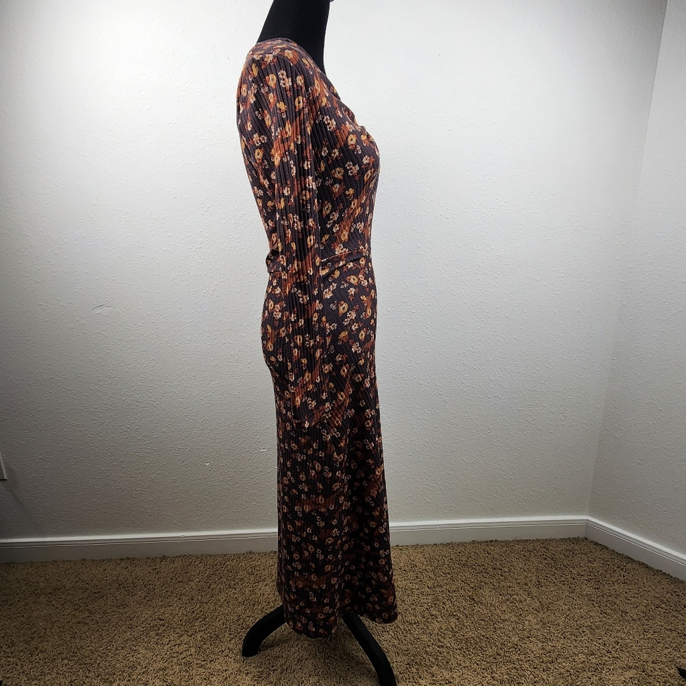 Retro 70's Brown Orange Floral Long Sleeve Prairie Midi Dress Women's Size 2, XS - Picture 4 of 8